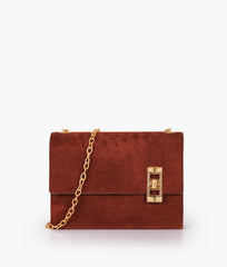 RTW Creation - Dark brown suede chain shoulder bag with twist lock