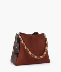 RTW Creation - Dark brown suede handbag with braided handle