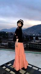 Peach cotton tiered long skirt styled with fusion shirts for women