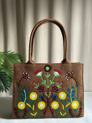handmade embroidered jute tote bag blushwood Brown Fineur