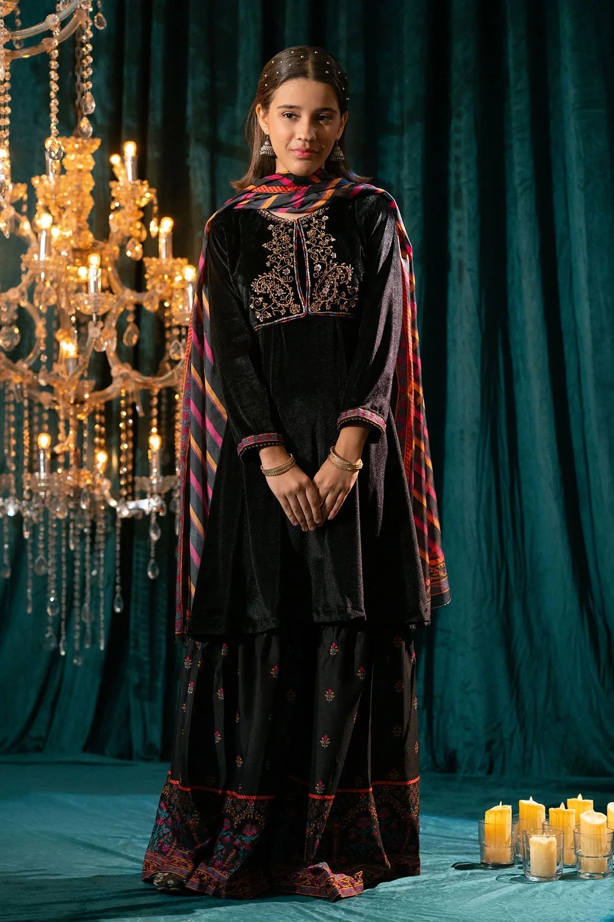 Velvet Hand Adda 3-Pc Suit for Girls. Shop beautiful embroidery designs on a premium velvet dress for parties