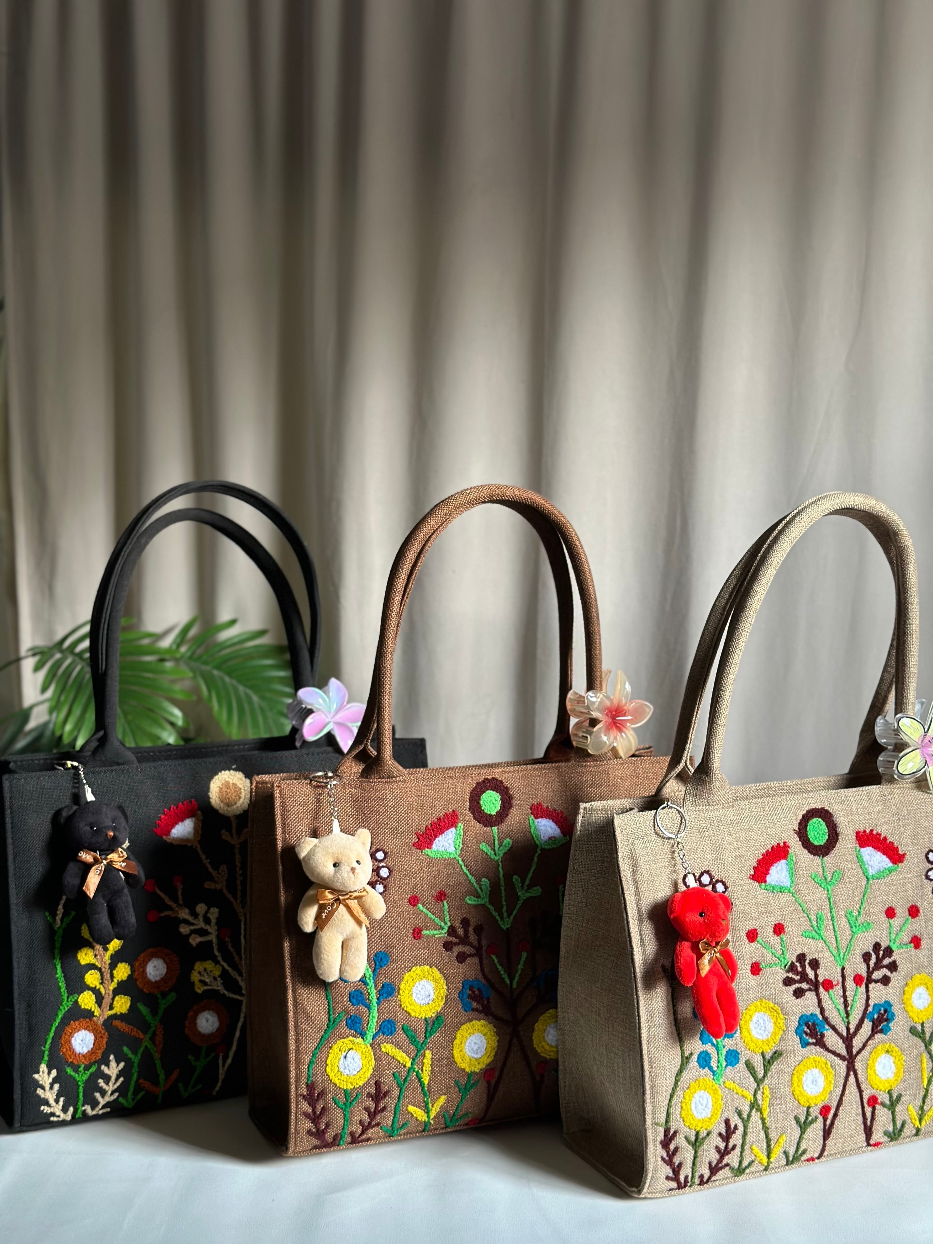 handmade embroidered jute tote bag blushwood black Fineur