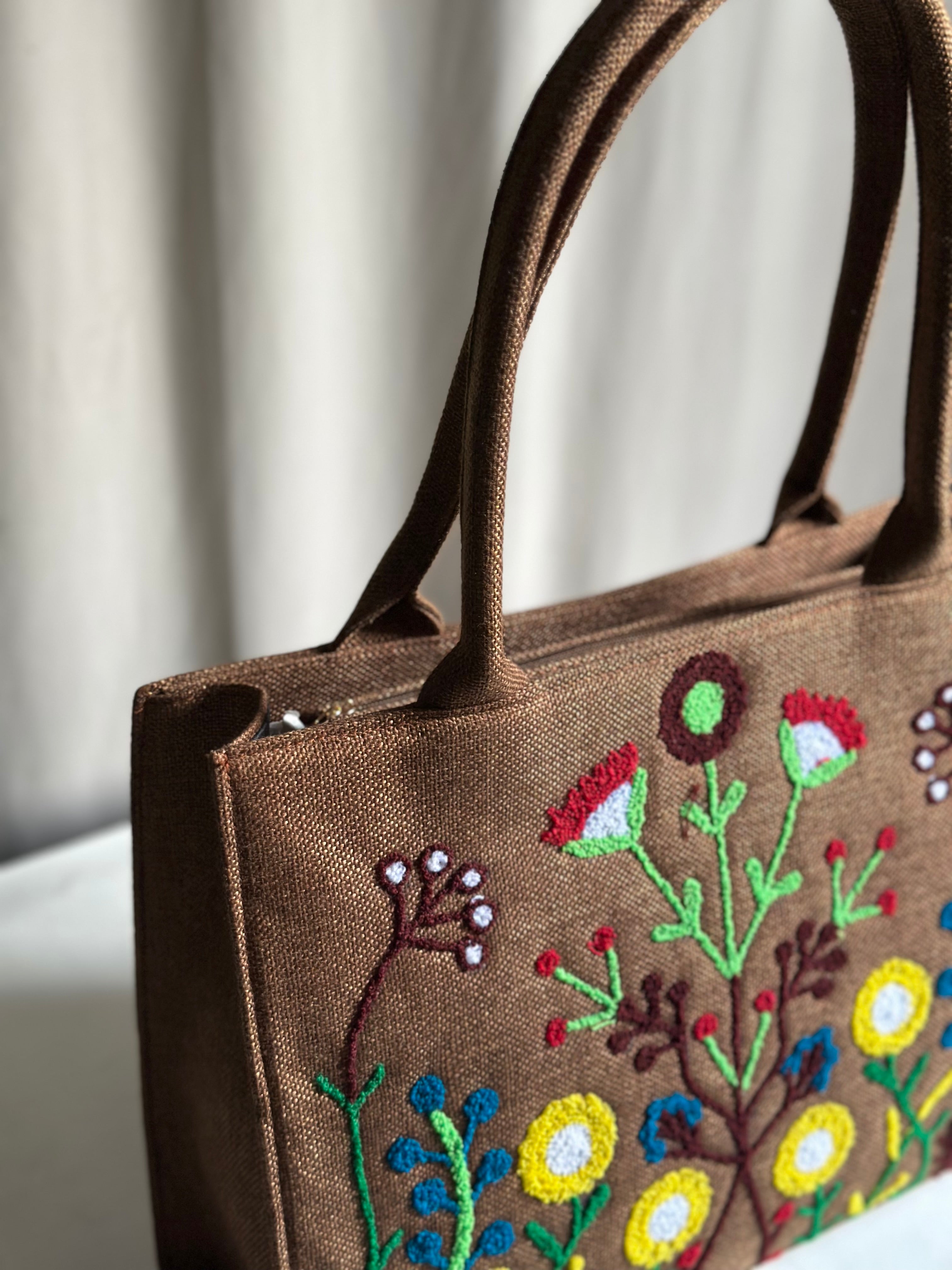 Fineur blushwood Brown embroidered jute tote bag Pakistan