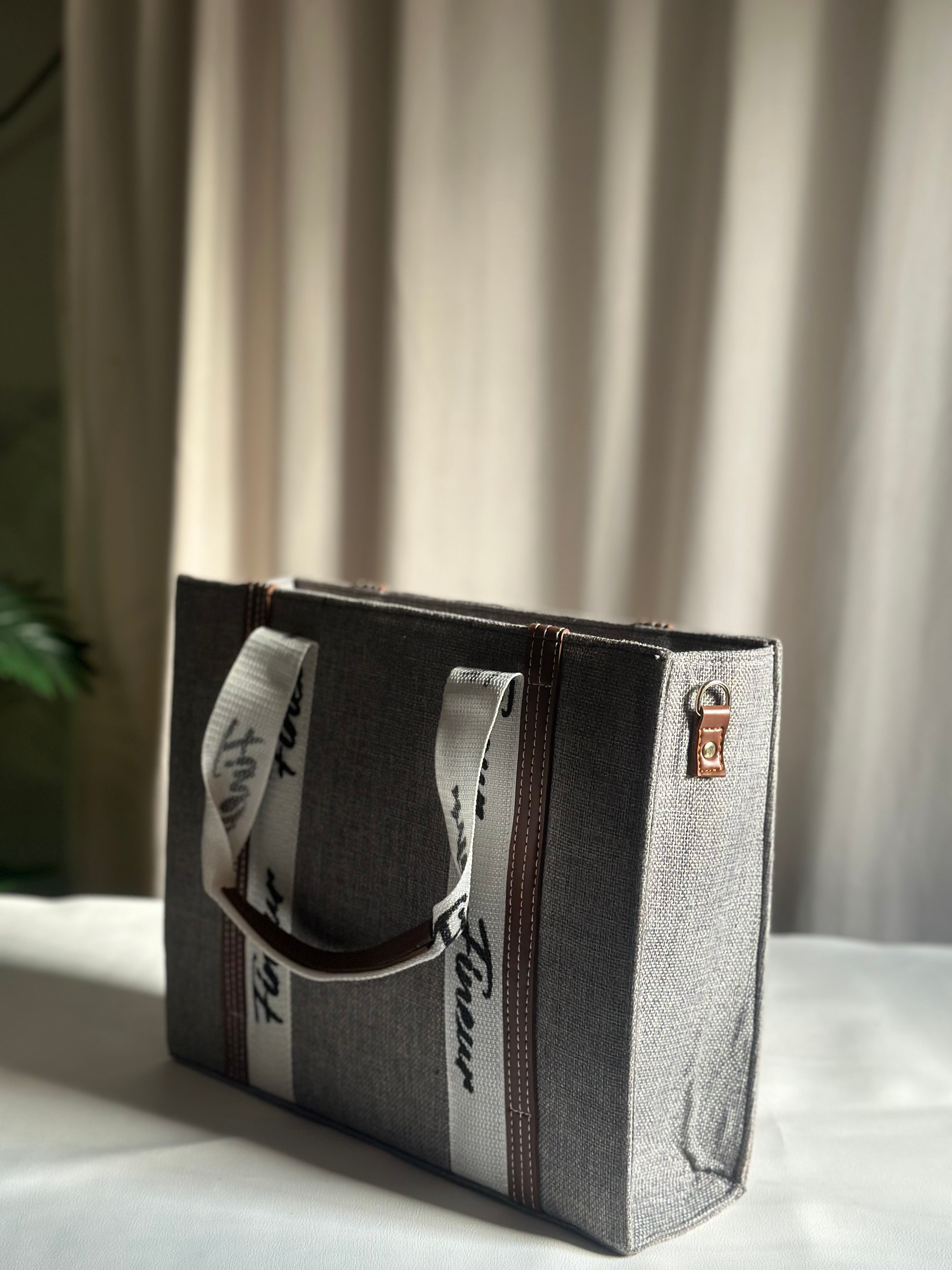 Gray Jute tote bag Chloe style with fineur branding for girls Pakistan