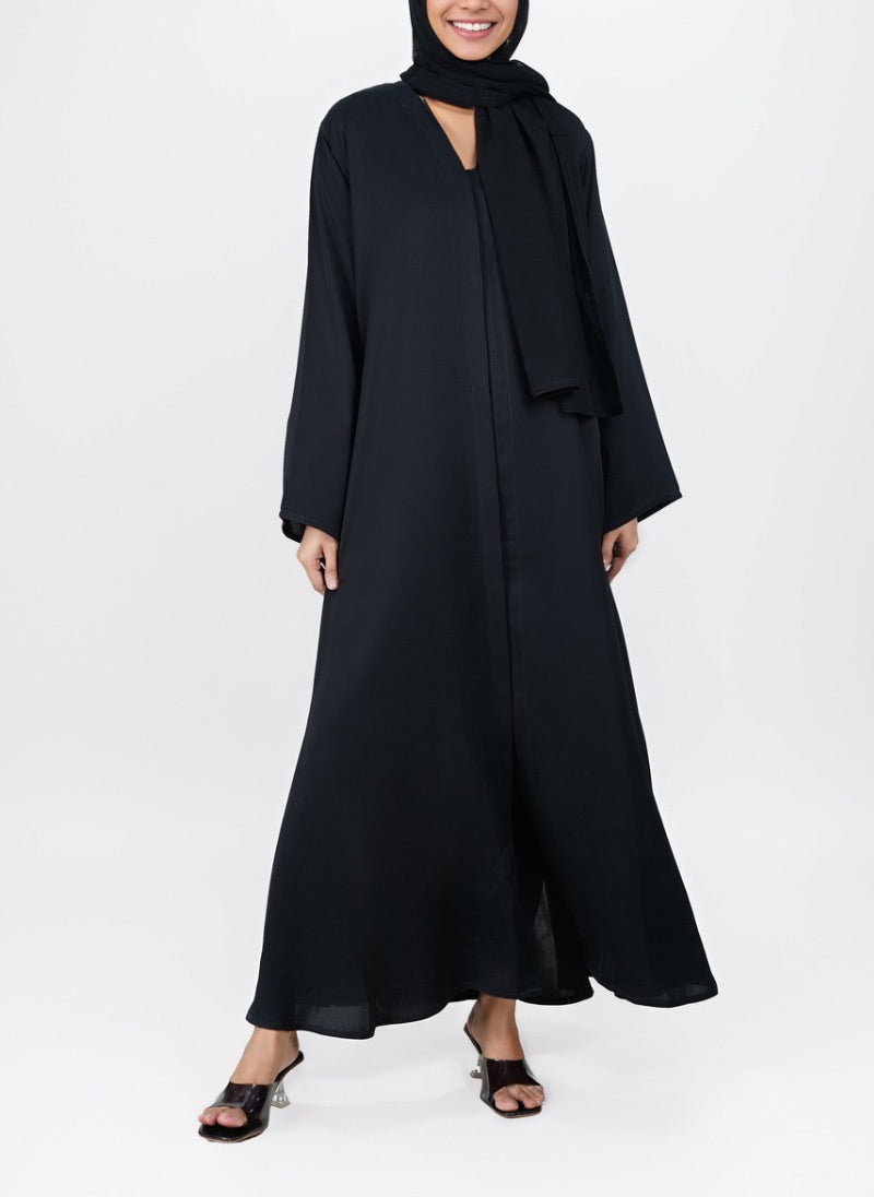 Hijab Ul Hareem Black Front Open Moss Georgette Abaya - 0116-P