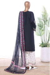 Bin Saeed Stitched 3 Piece Luxury Emb Lawn With Contrass Emb Shalwar & Bellbottom Suit-LF-3203-BLACK
