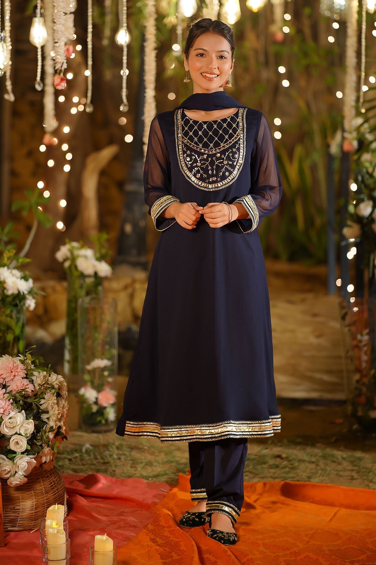 Elegant Chiffon Hand Adda Work 3 Pc Suit featuring a stunning maxi dress design. 