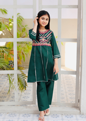 Khanak Stitched Kids-Bottle Green Embroidered 2Pcs Suit KST 126