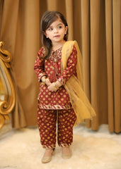 Khanak Stitched Kids-Brown 3Pcs Suit-KST 039