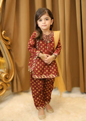 Khanak Stitched Kids-Brown 3Pcs Suit-KST 039