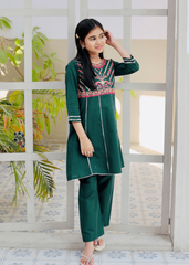 Khanak Stitched Kids-Bottle Green Embroidered 2Pcs Suit KST 126