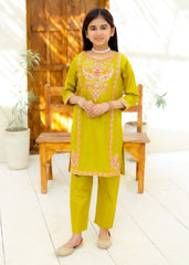 Khanak Stitched Kids-Acid Yellow Embroidered 2Pcs Suit KST 134