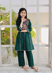 Khanak Stitched Kids-Bottle Green Embroidered 2Pcs Suit KST 126