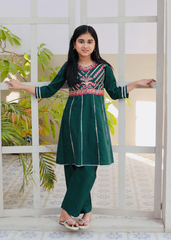 Khanak Stitched Kids-Bottle Green Embroidered 2Pcs Suit KST 126