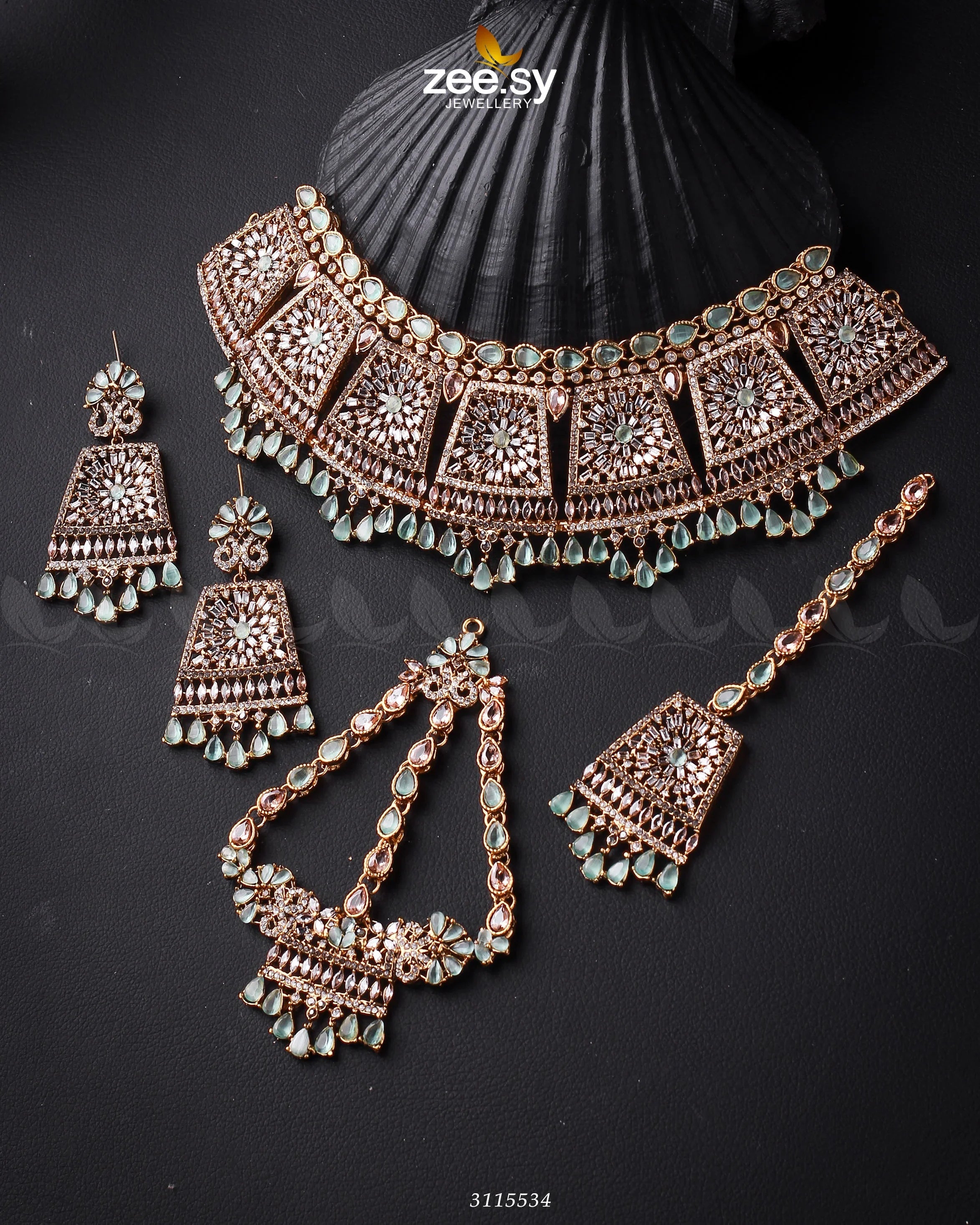 Royal Bridal Set Golden Mint Green - Zeesy Jewellery