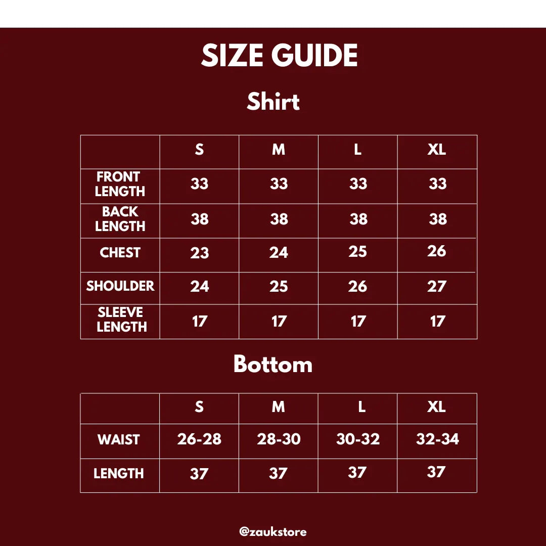 Size guide for shirts and bottoms with measurements on a dark red background.