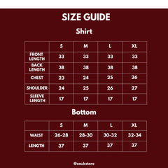 Size guide for shirts and bottoms with measurements on a dark red background.