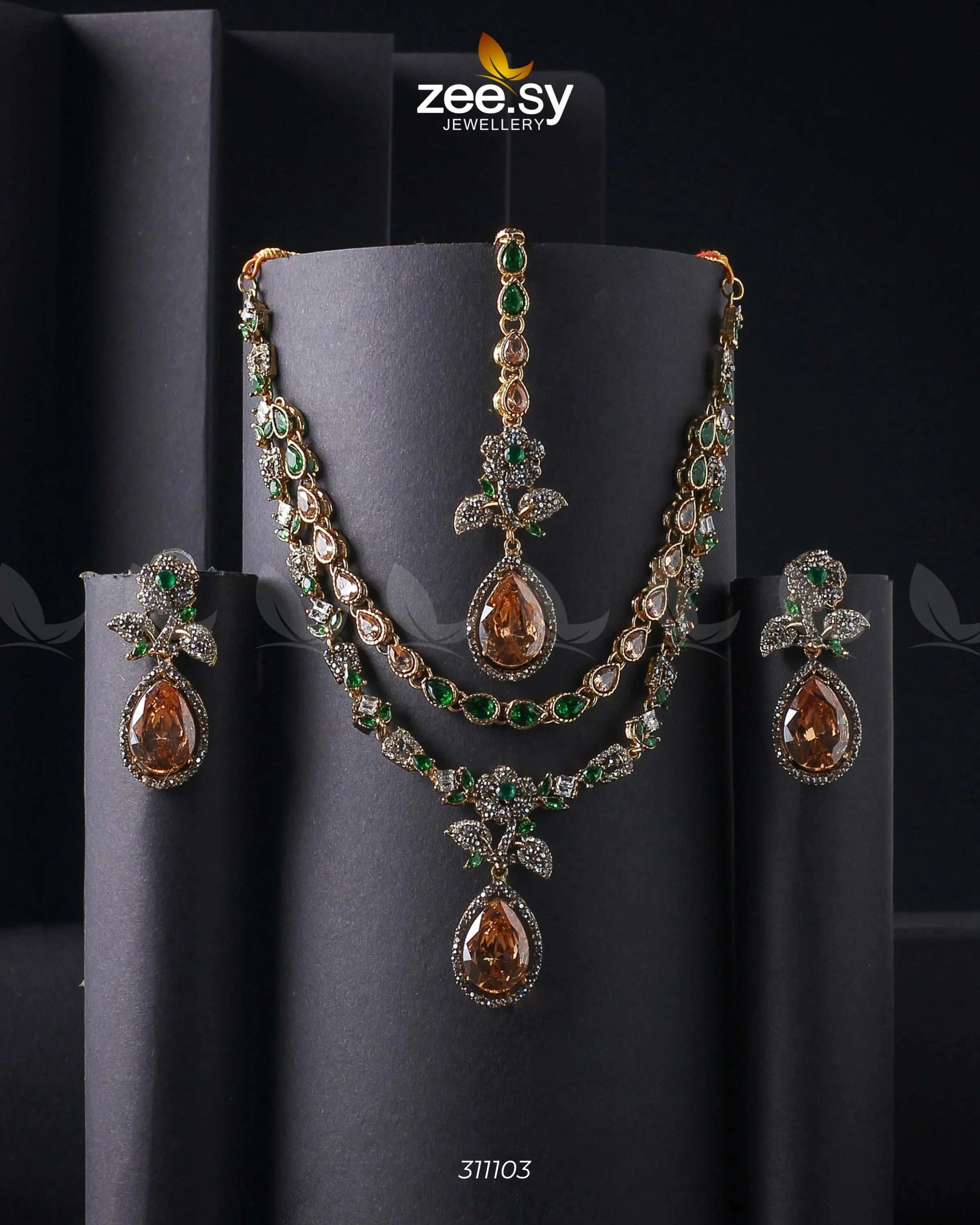 Amelia Necklace set Champagne & Green - Zeesy Jewellery