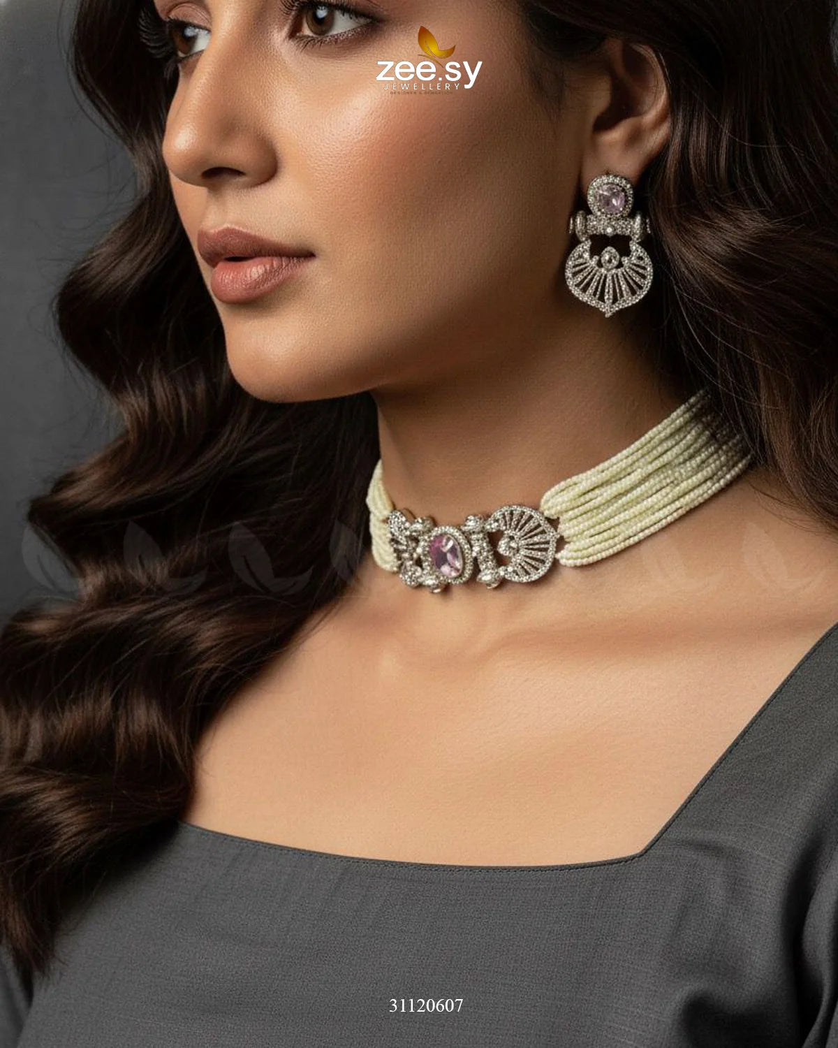 Obelisk Rhodium Polished Choker Set - Zeesy Jewellery