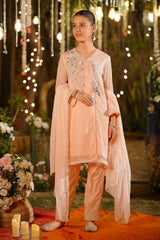 Shop the elegant Chiffon Hand Adda Work 3 Pc Suit in a beautiful peach color. 