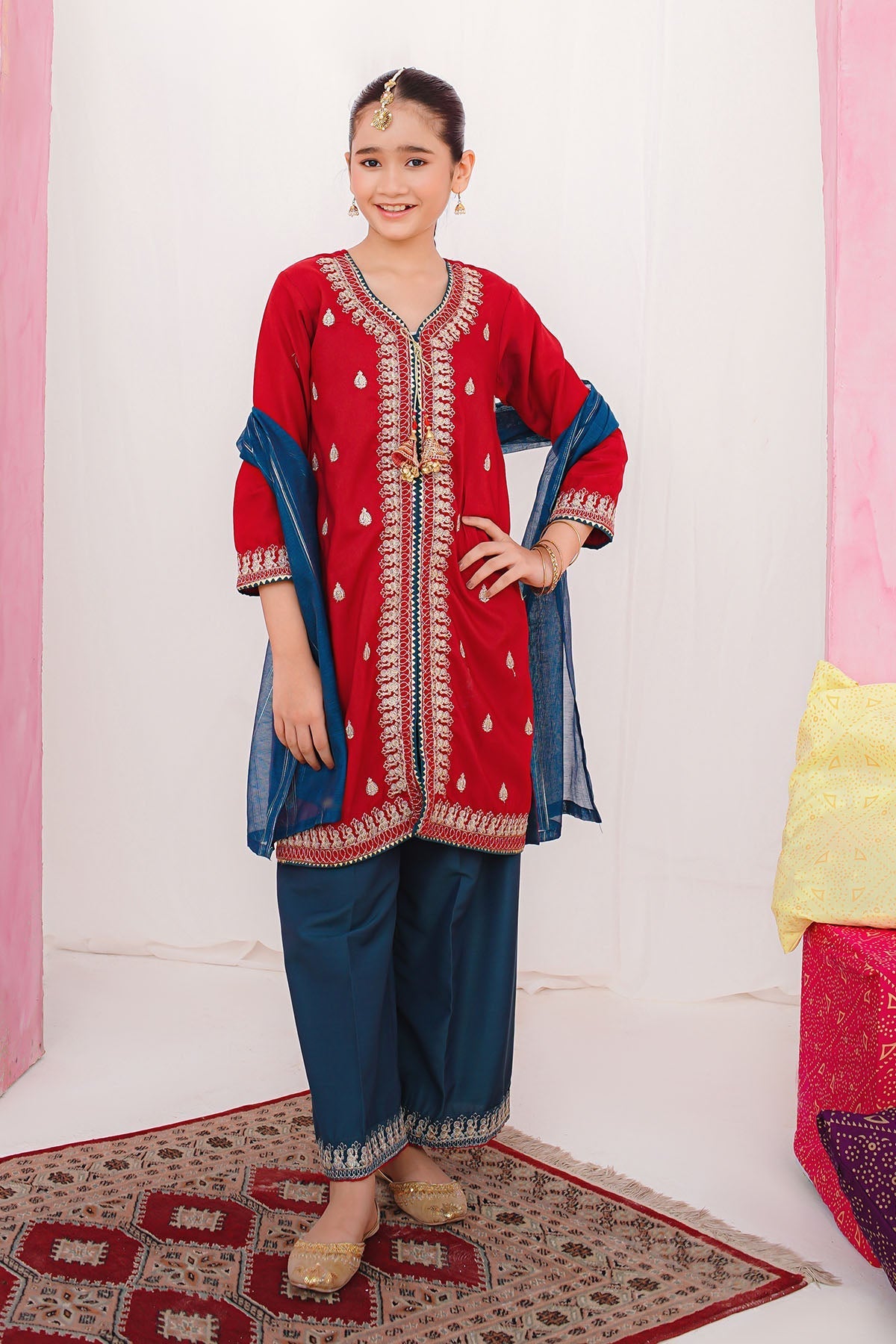 Dress your girl in elegance with our Silk Embroidered 3 Pc Suit. Perfect wedding dress for girls featuring luxurious silk