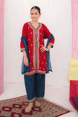 Dress your girl in elegance with our Silk Embroidered 3 Pc Suit. Perfect wedding dress for girls featuring luxurious silk