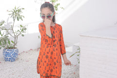 Khanak Stitched Kids-Flame Orange 2pcs Printed Style Suit-KST 049