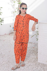 Khanak Stitched Kids-Flame Orange 2pcs Printed Style Suit-KST 049
