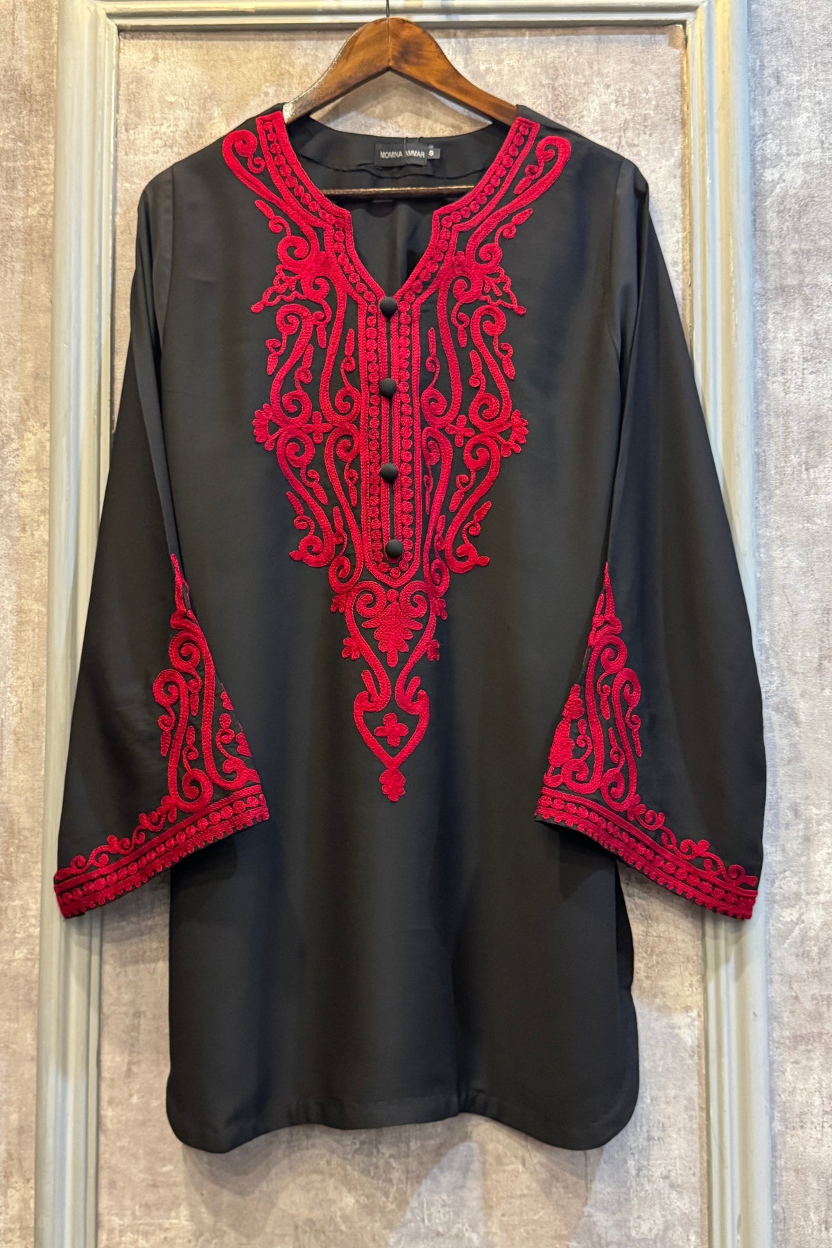 Allechant By Manahils Stitched 2 Piece Georgette Collection'2025-Red On Black With Balck Farshi Shalwar
