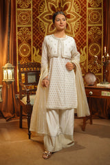 Discover the Zari Jacquard Embroidered 3 Pc Suit in white. This sophisticated embroidered dress combines elegance and tradition
